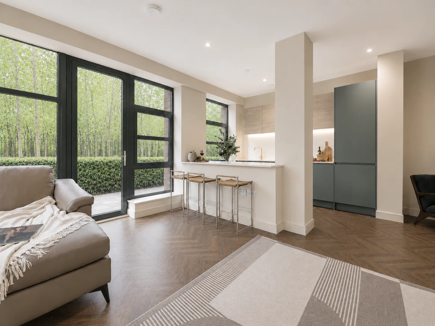 Open-plan living and breakfast bar at Weavers Yard